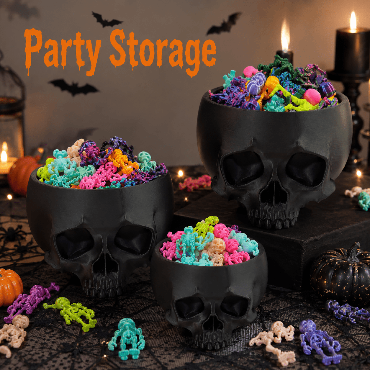 3D Printed Halloween Skull Storage Bowl, Black Gothic Desktop Organizer, Decorative Tabletop Container, 3 Sizes Available