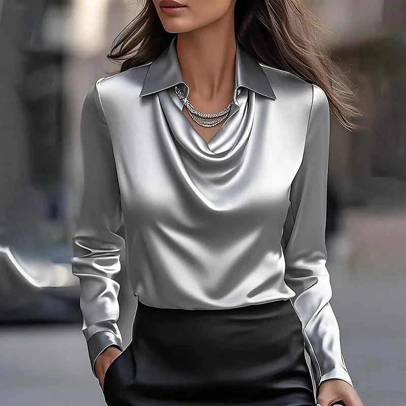 Women's Elegant Long Sleeve Blouse - Solid Color Lapel Top With Ruched Chest Detail Office & Casual Wear For Spring Fall - Gray