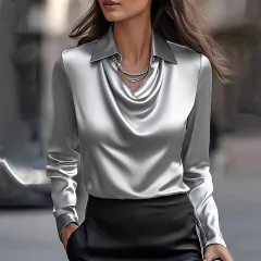 Women's Elegant Long Sleeve Blouse - Solid Color Lapel Top With Ruched Chest Detail Office & Casual Wear For Spring Fall - Gray - View 1