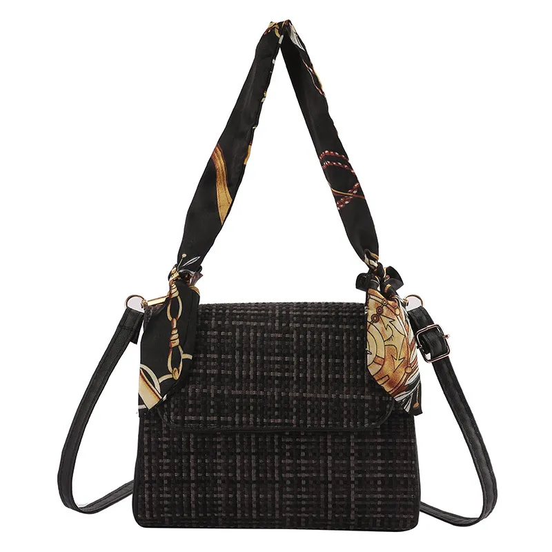 Ladies Summer New Fashion Plaid Silk Scarf Portable Shoulder Bag - Black