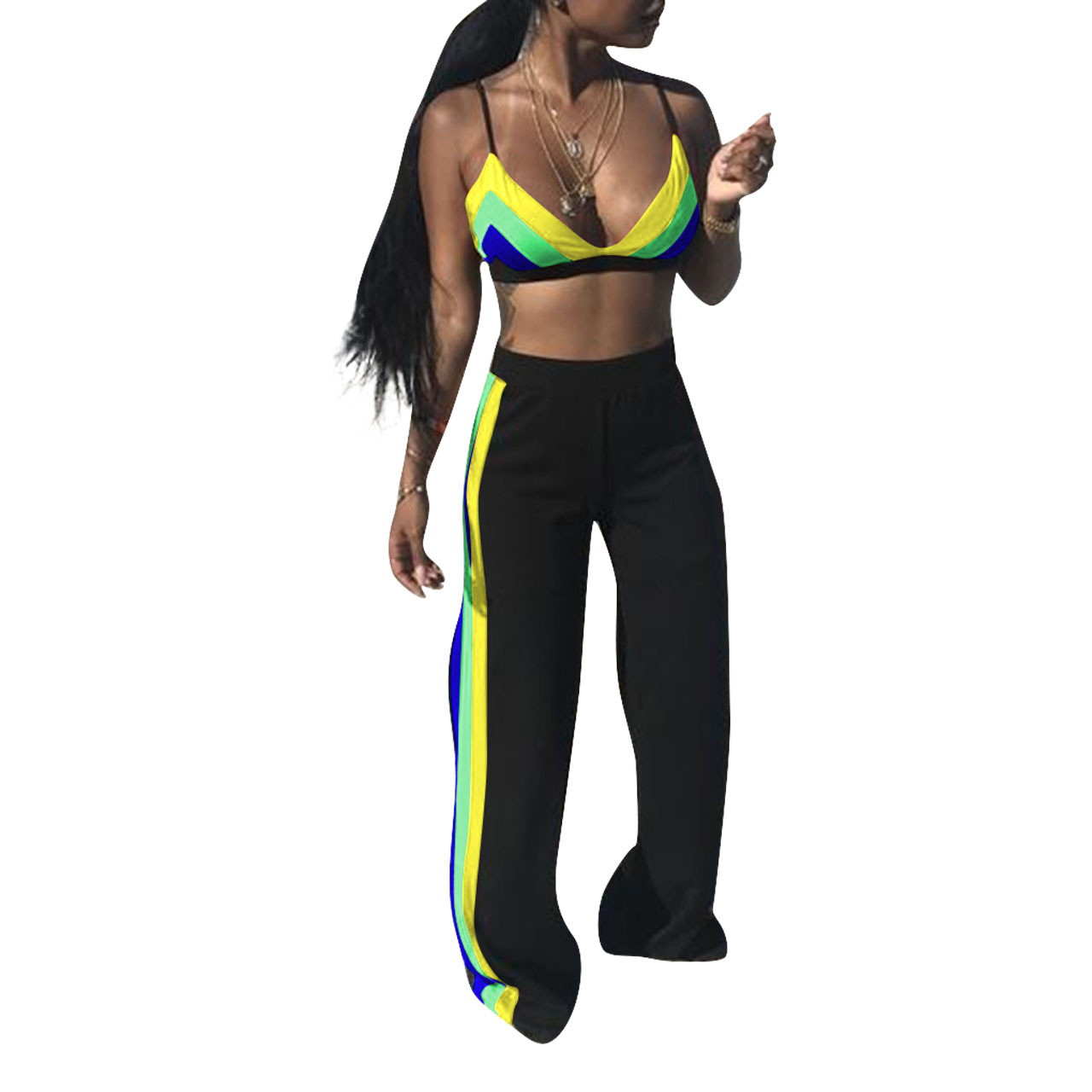 Title 5, Rainbow Striped Wrap Chest Wide Legs Two Piece Set