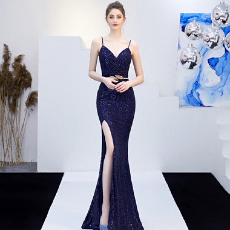 New Banquet Elegant Annual Meeting Long Host Deep V Sexy Fishtail Sequined Dress Blue - Shop at LoveMi