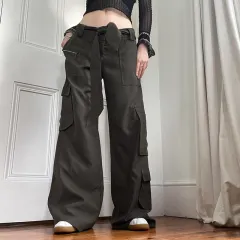 Lounge Pants Lace-Up Low Rise Asymmetric Pocket Loose Cargo Pants - Grey - View 1