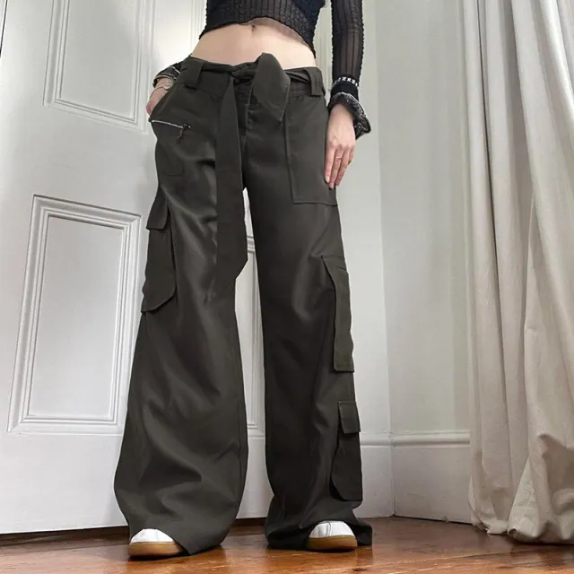 Lounge Pants Lace Up Low Rise Asymmetric Pocket Loose Cargo Pants Grey - Shop at LoveMi