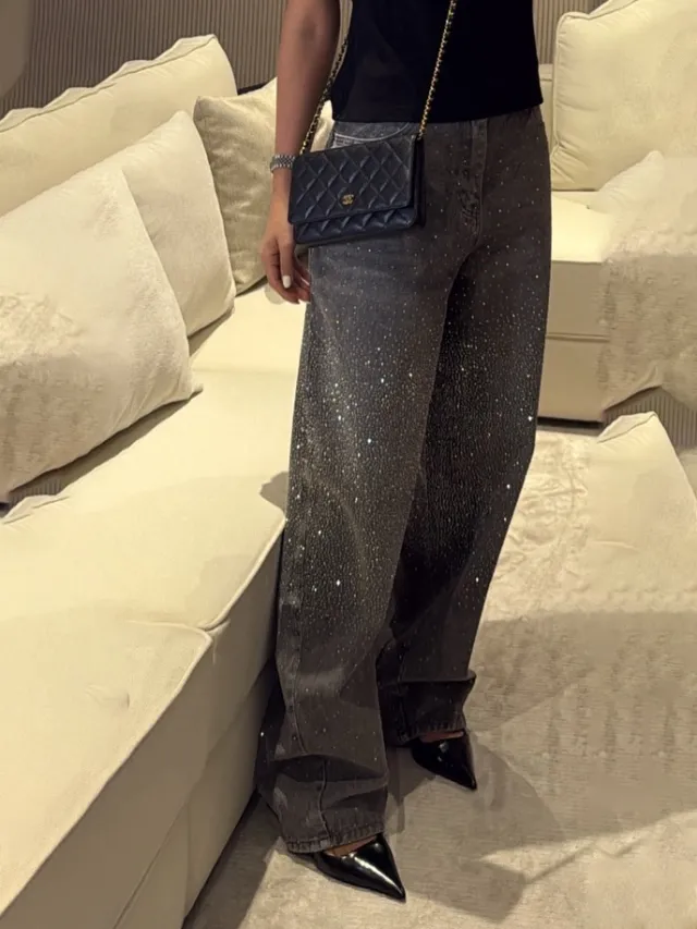 High Waisted Wide Leg Jeans With Sparkling Rhinestone Detailing Black - Shop at LoveMi
