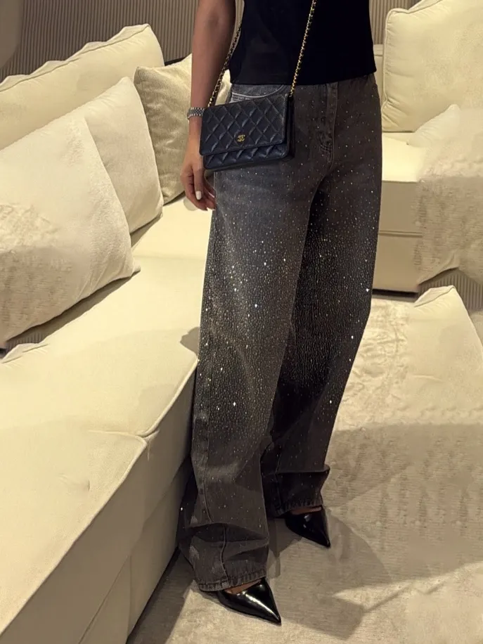 High - Waisted Wide - Leg Jeans With Sparkling Rhinestone Detailing - Black