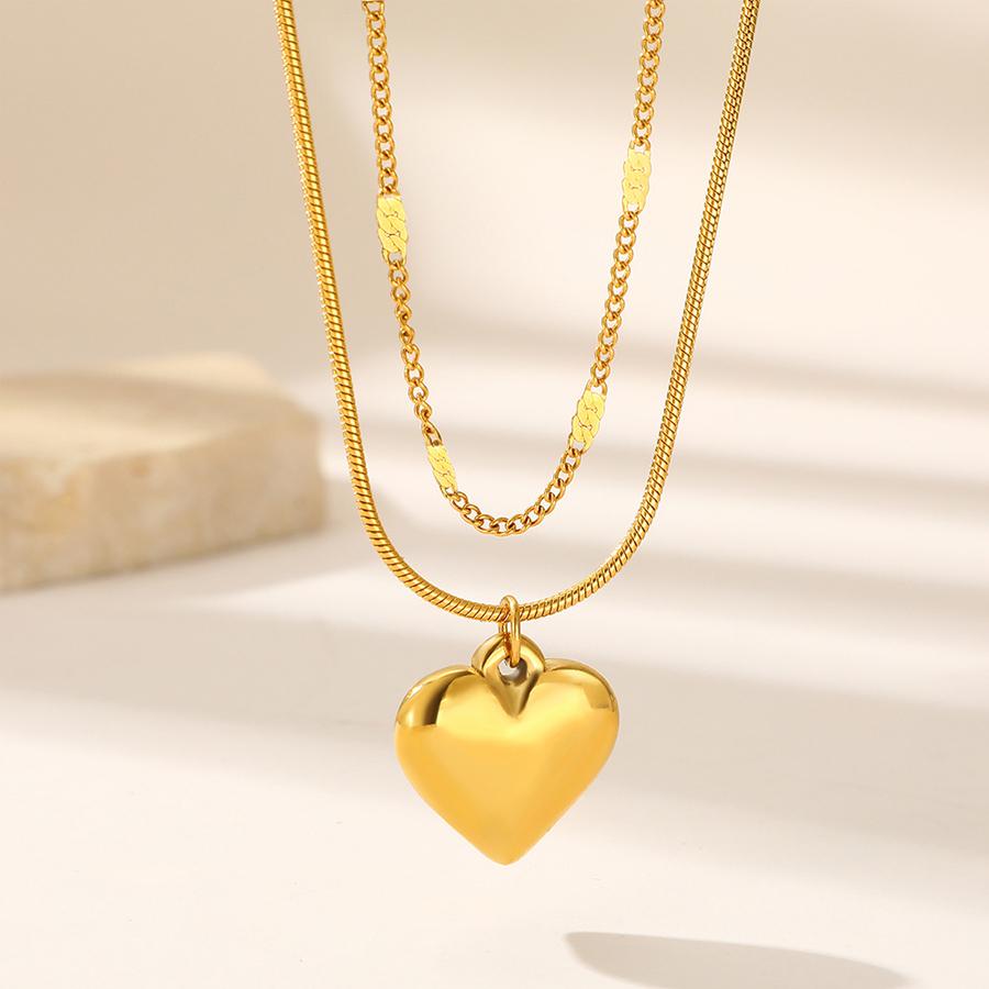 Collier Double Couche Cœur 3D Acier Inoxydable — Doré 1
