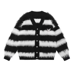 Black And White Striped Knitted Cardigan Jacket Casual Sweater - White - View 1