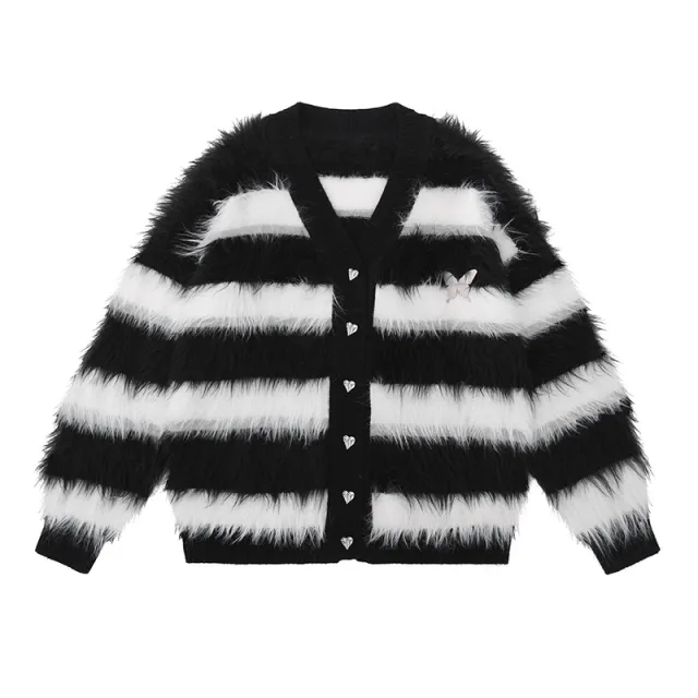 Black And White Striped Knitted Cardigan Jacket Casual Sweater White - Shop at LoveMi