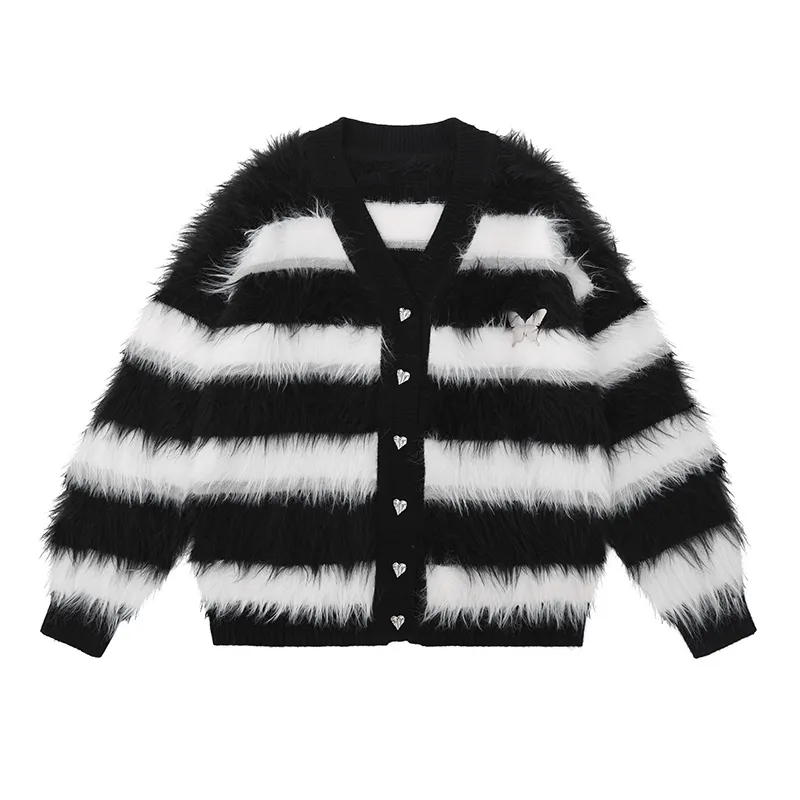 Black And White Striped Knitted Cardigan Jacket Casual Sweater - White