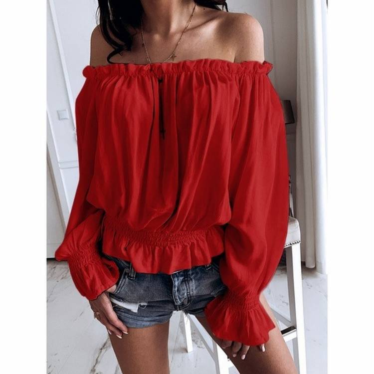 Title 2, Slim Casual One-line Collar Off-shoulder Solid ...