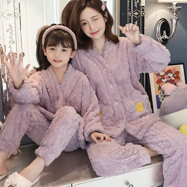 Girls Pajamas Coral Velvet Thickened Parent child Mother And Daughter Clothes Set Purple - Shop at LoveMi