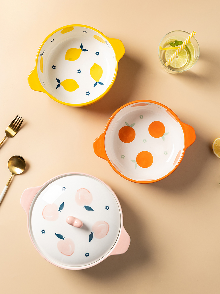 وعاء شوربة كبير سيراميكي بتصميم أذن مزدوجة مضاد للحروق لوجبات النودلز الفورية