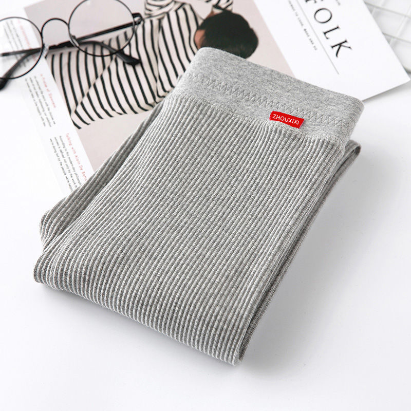 Gray Nine-point Pants Women's Thin Outer Wear Cotton High-waist Vertical Stripes Net Red Threaded Leggings