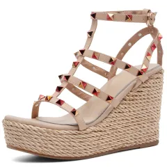 Thick-soled Rivet Super High Heel European Station Rome Waterproof Platform Increased - Apricot - View 1