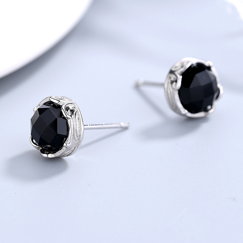 Vintage Geometric Black Agate Stud Earrings In Sterling Silver