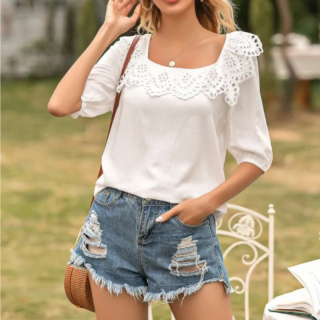 Hollow Stitching Baby Shirt U neck Five point Sleeve Shirt White - Shop at LoveMi