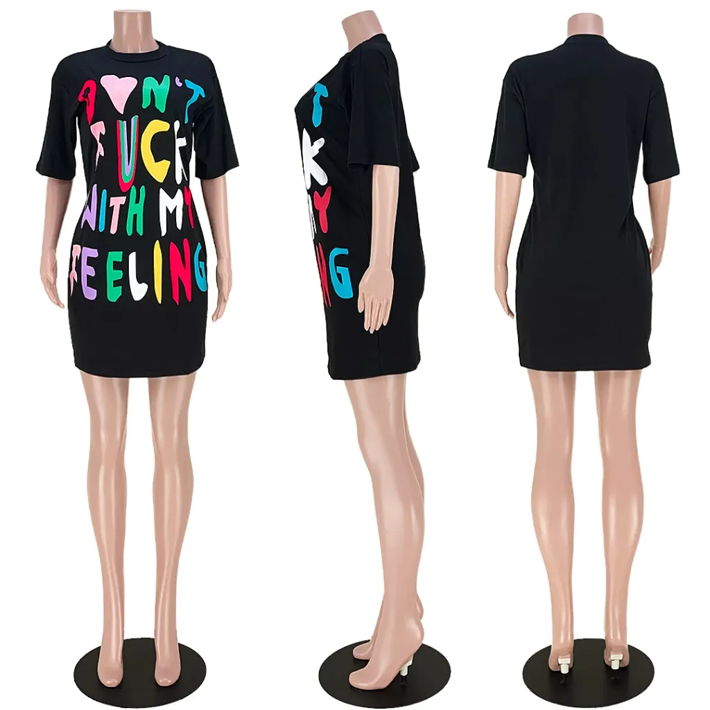 Women's Fashion Multicolor Letter T-Shirt Dress - Multicolor