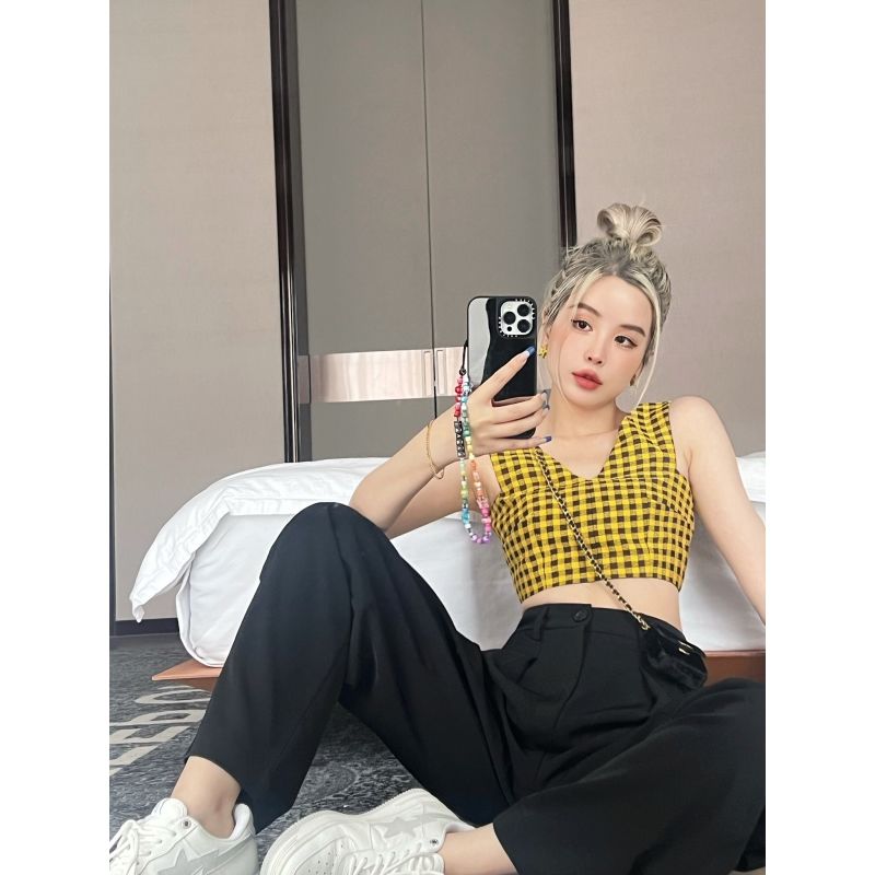 Women's Fashion Plaid V-neck Undershirt Suit Skirt Pants