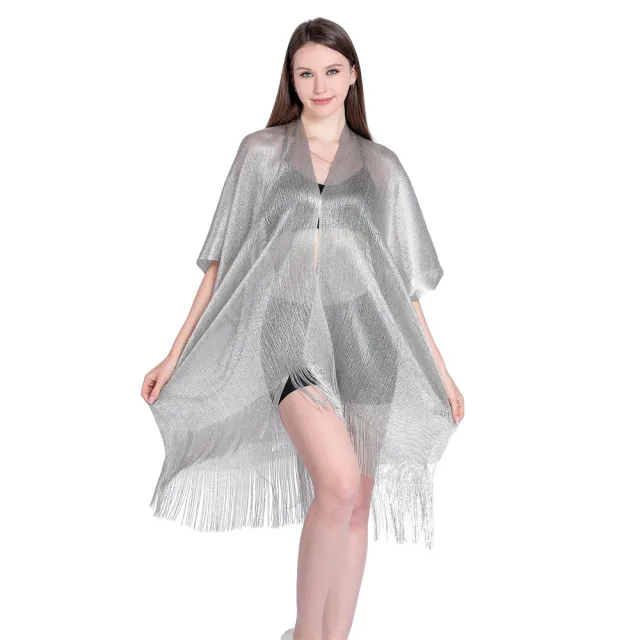 Gold And Silver Ribbon Sleeve Split Shawl Holiday Bikini Blouse Sunscreen Clothes Black Silver - Shop at LoveMi