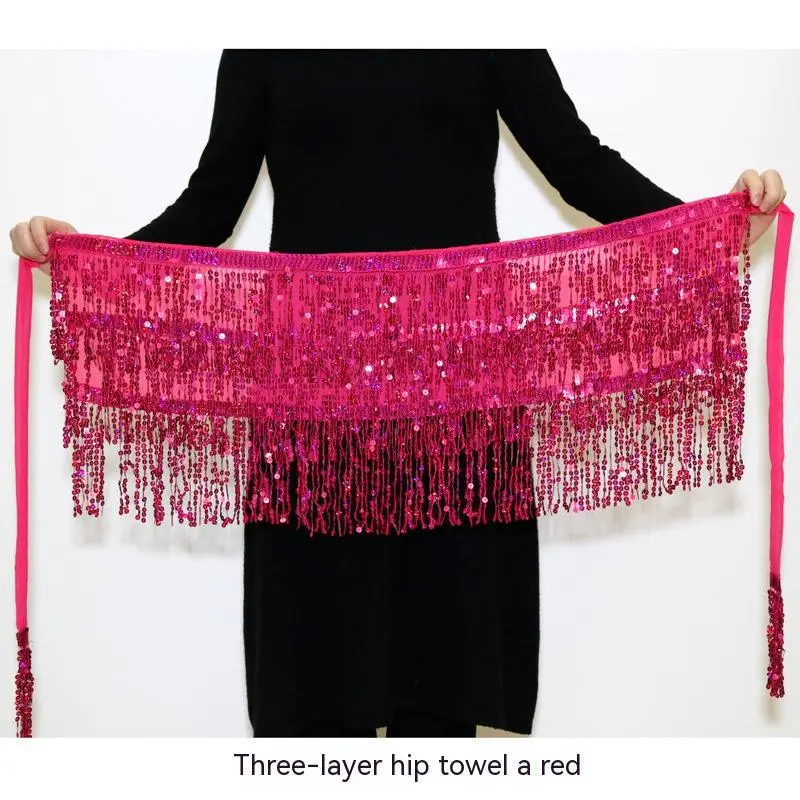 Halloween Belly Dance Costume Sequined Tassel Hip Skirt Waist Scarf - Rose Red Three Layers