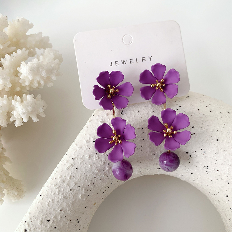 Flower Earrings Purple Metal Petals Silver Needle Stud Earrings