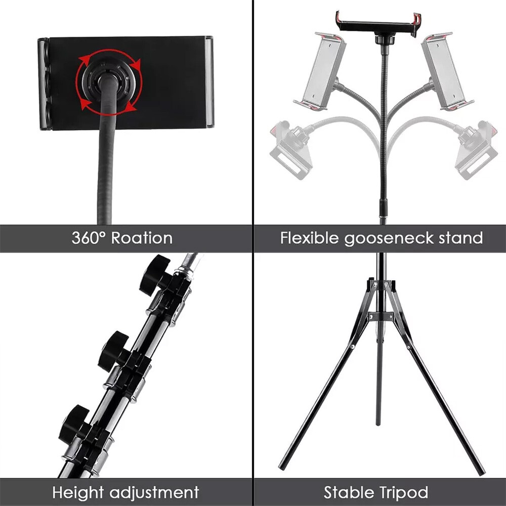190CM Tall Flexible Phone Tripod With Gooseneck Heavy Duty Stand UK