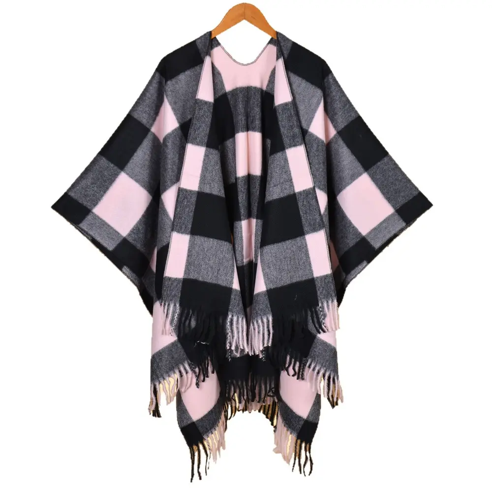 Women's Autumn Winter Jacquard Tassel Plaid Shawl Poncho