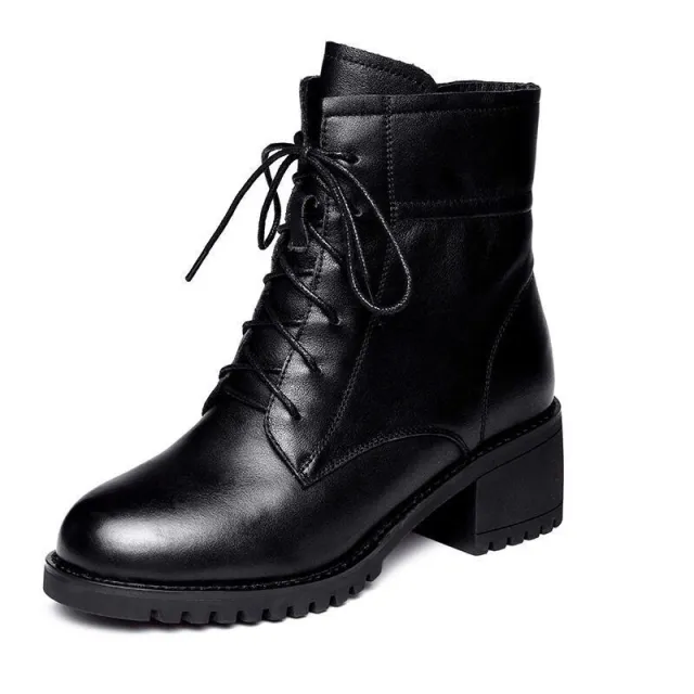 Soft Leather And Velvet British Style Thick Heel Short Boots All match Black - Shop at LoveMi