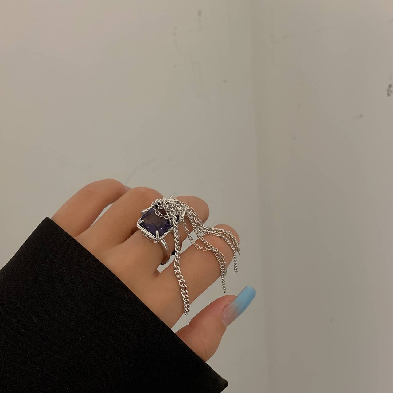 One-piece Purple Gemstone Chain Tassel Nail Ring Adjustable