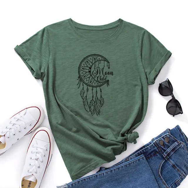Women's Loose Round Neck Short Sleeve T shirt Dream Catcher Green - Shop at LoveMi