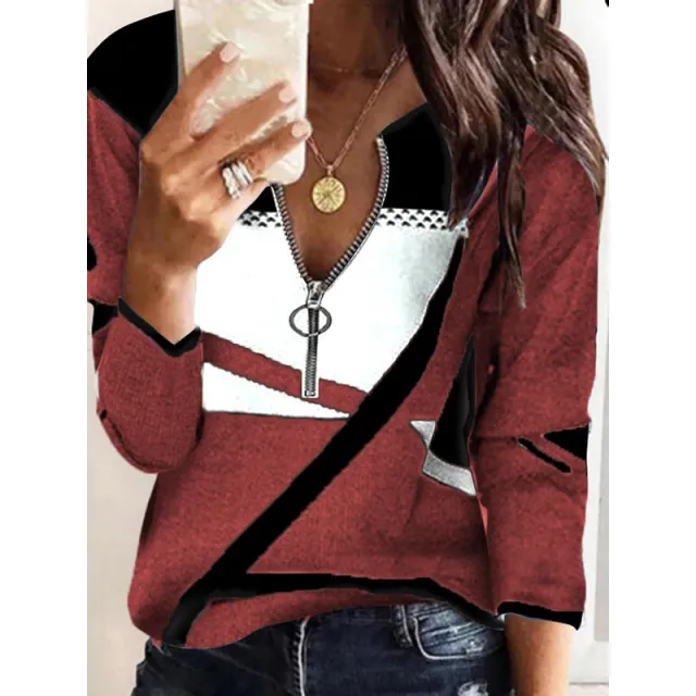 Colorblock V neck Zipper Women's Casual Sweater Red And White - Shop at LoveMi