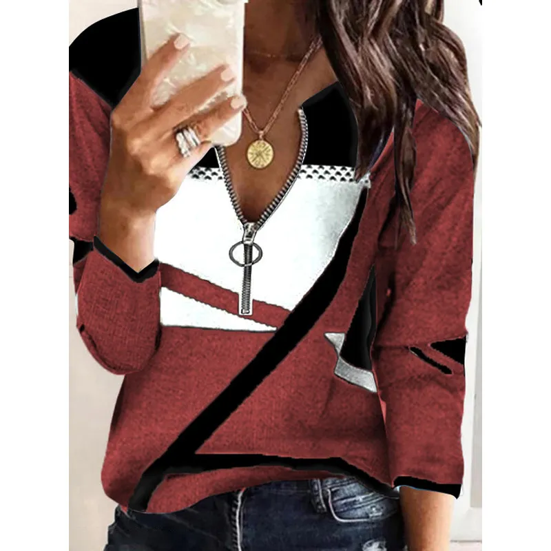 Colorblock V-neck Zipper Women's Casual Sweater - Red And White