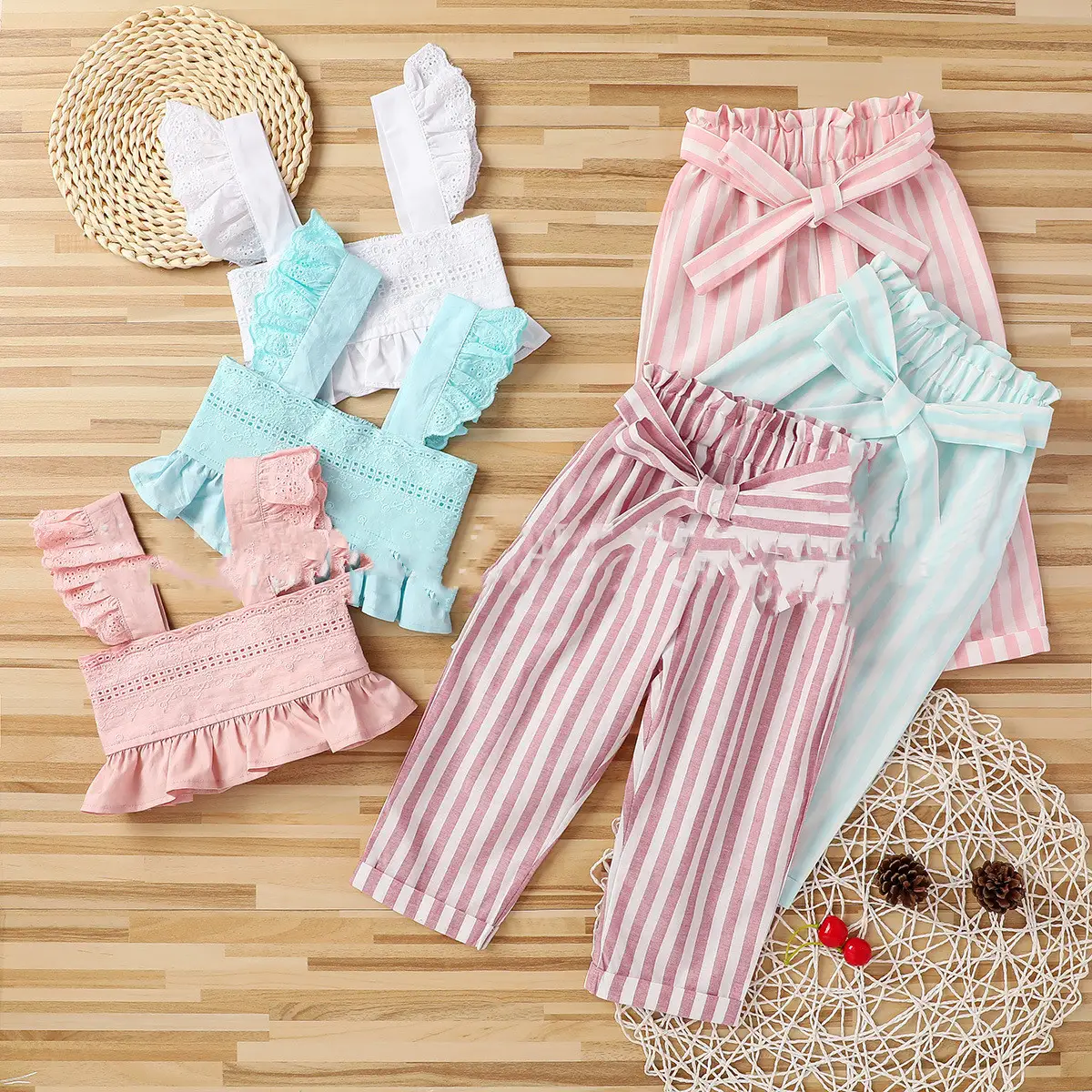 Fashionable Striped Trousers Suit With Lace And Chest Wrap