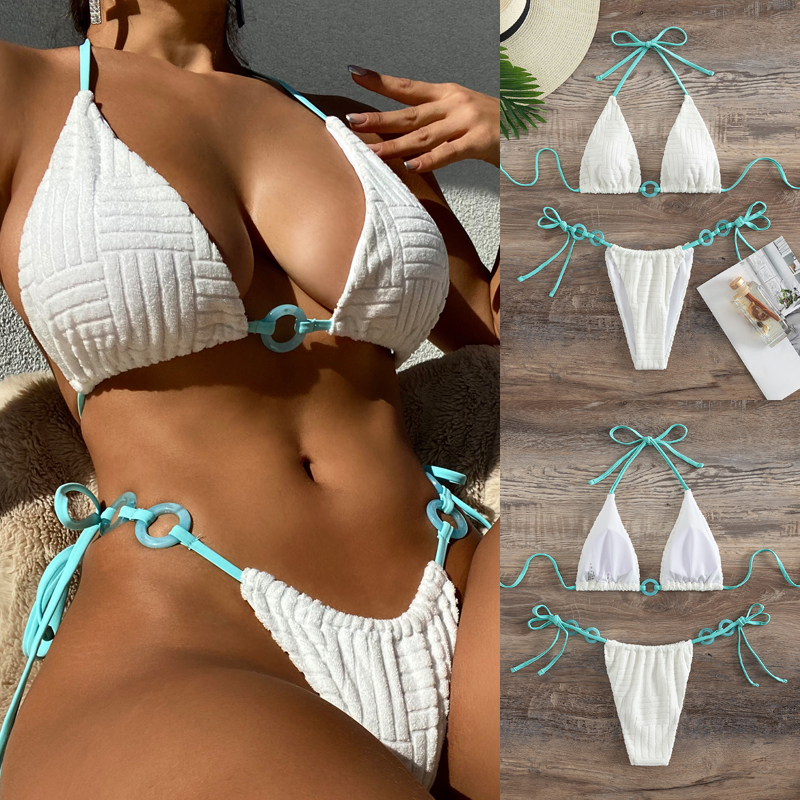 Title 5, Solid color lace-up triangle bikini swimsuit wi...