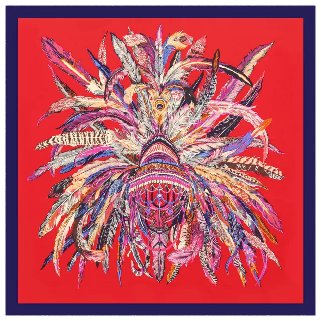 Indian Feather Crown Ladies Faux Silk Scarf Navy Blue Red - Shop at LoveMi
