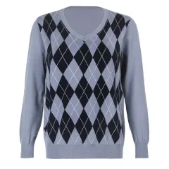 V-neck Plaid Loose Medium Length Knitted Sweater For Women - Blue - View 1