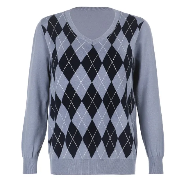 V neck Plaid Loose Medium Length Knitted Sweater For Women Blue - Shop at LoveMi