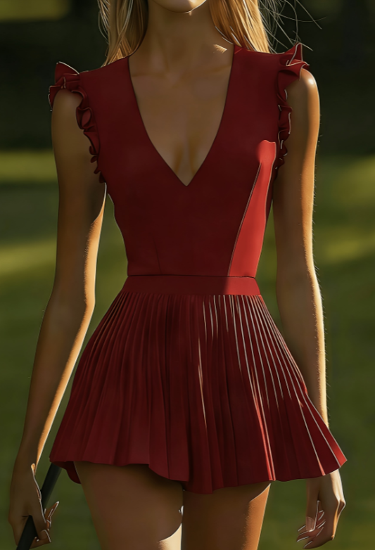 V-neck, Ruffled Trim, Fitted Waist, Pleated French-style Short Dress