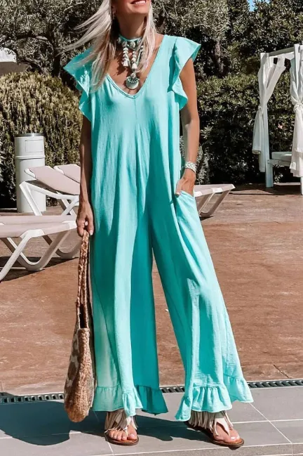 Loose Lotus Leaf Jumpsuit Casual Jumpsuit Sky Blue - Shop at LoveMi
