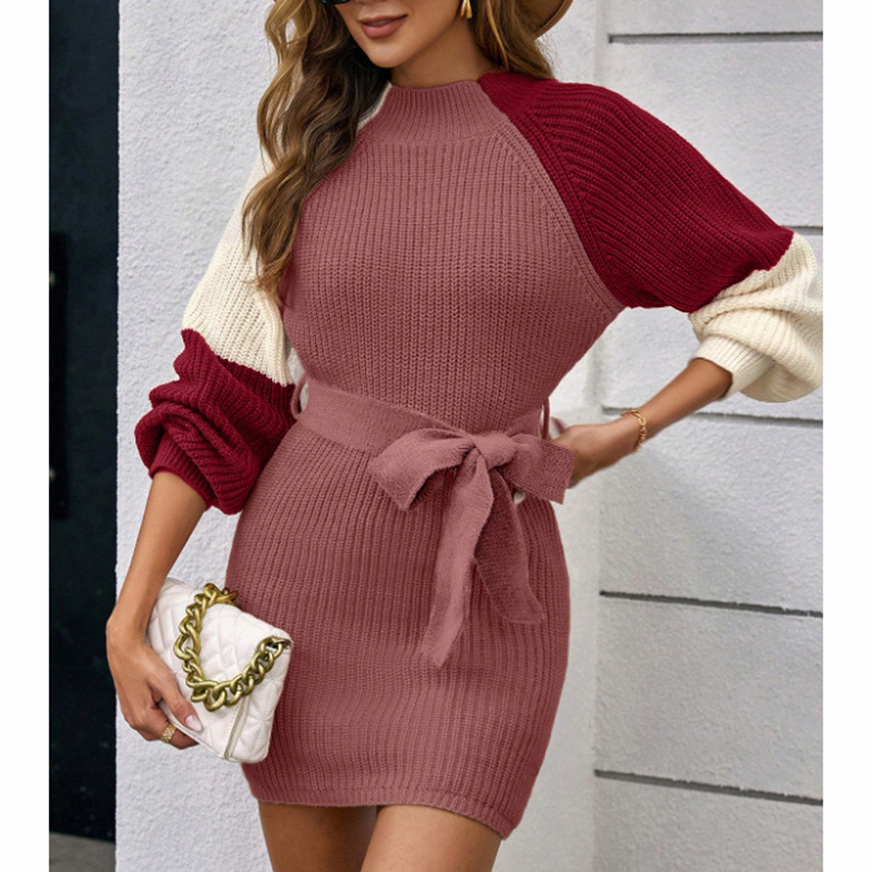 Women's Color Block Sweater Midi Dress Fall Long Sleeve Bodycon Dress With Tie Waist Red - Shop at LoveMi