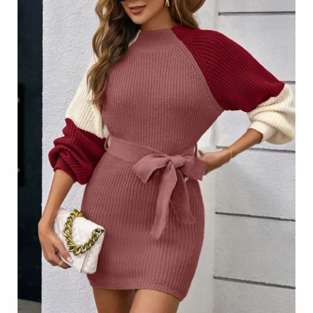 Women's Color Block Sweater Midi Dress Fall Long Sleeve Bodycon Dress With Tie Waist Red - Shop at LoveMi