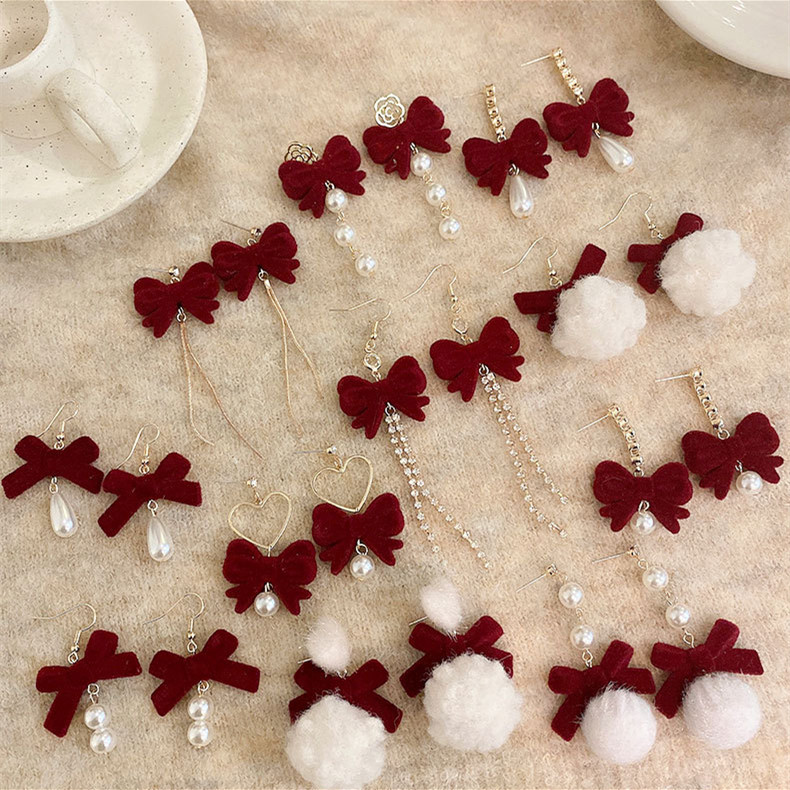 Silver Needle Burgundy Flocked Bowknot Tassel Pearl Earrings