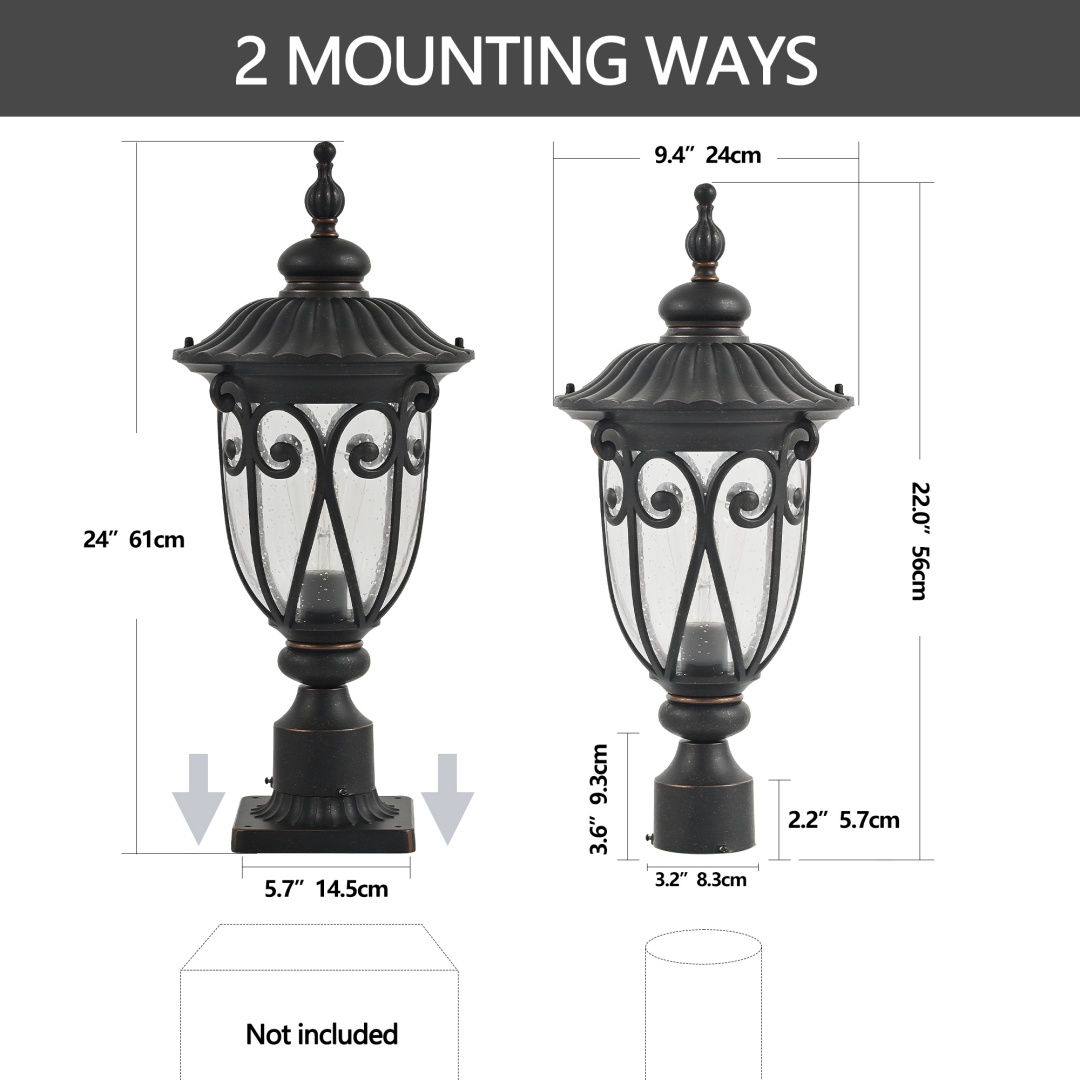 24in H 1-pack Vintage Black Outdoor Post Lantern - Waterproof Aluminum Lamp Post Light With Bubble Glass, Decorative Garden Pathway Lighting For Yard, Patio, Or Driveway Bulb Not Included