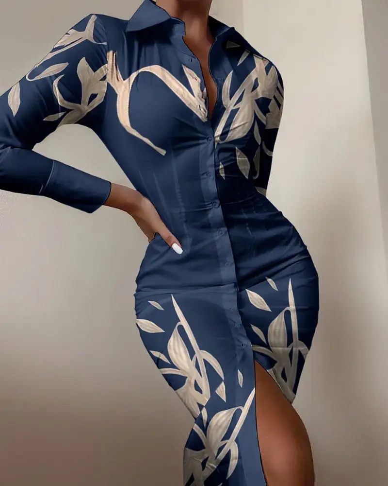 Fashion Autumn Long-sleeved V-neck Waist Printing Dress Shirt Skirt Women