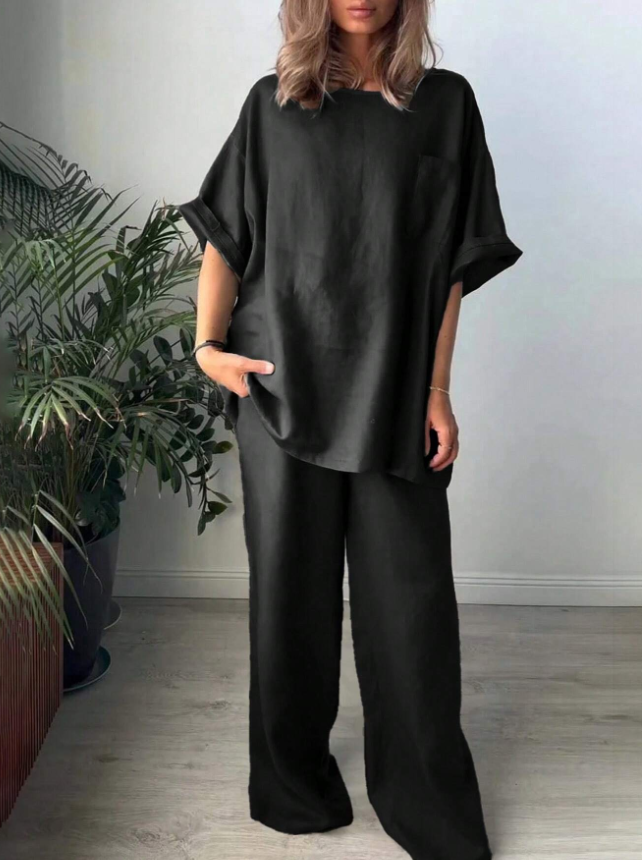 2pcs Women Solid Color Crew Neck Short Sleeve Top And Long Pants Casual Outfit