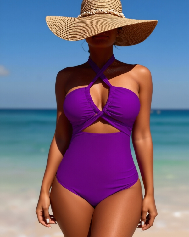 Women’s One Piece Purple Ribbed Swimsuit Halter Neck Cutout Bathing Suit