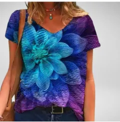 New Sleeved V Neck Printed Short Sleeved Loose Fitting Women's T Shirt - 5Style - View 1