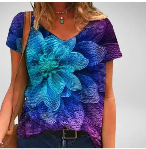 New Sleeved V Neck Printed Short Sleeved Loose Fitting Women's T Shirt 5Style 2Xl - Shop at LoveMi
