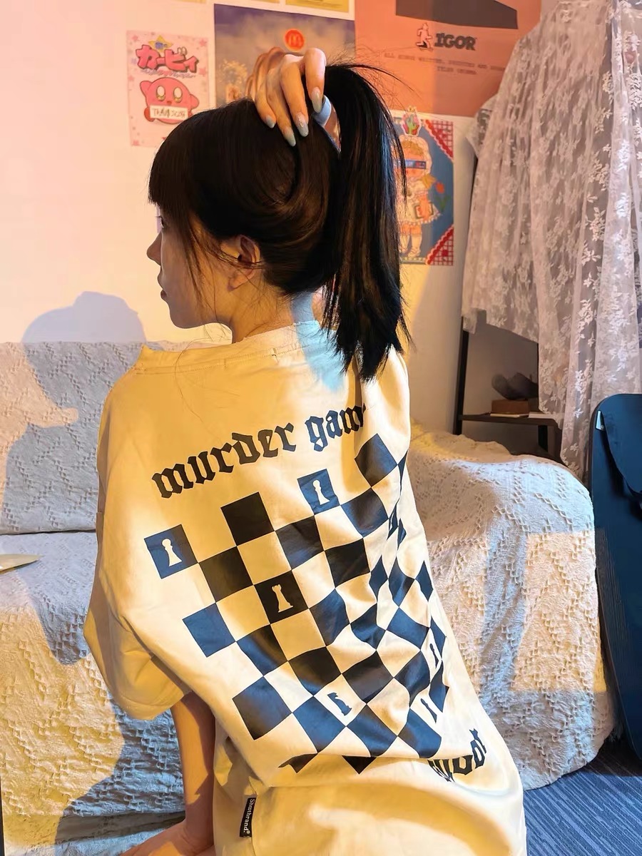 American Style Oversize Retro Checkerboard Print T-shirt Women